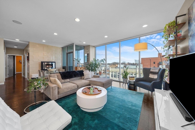 living room featuring expansive windows, a large fireplace, and dark hardwood / wood-style flooring