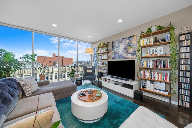 living room featuring floor to ceiling windows and dark hardwood / wood-style flooring