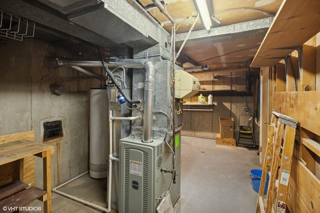 unfinished basement with heating unit and water heater