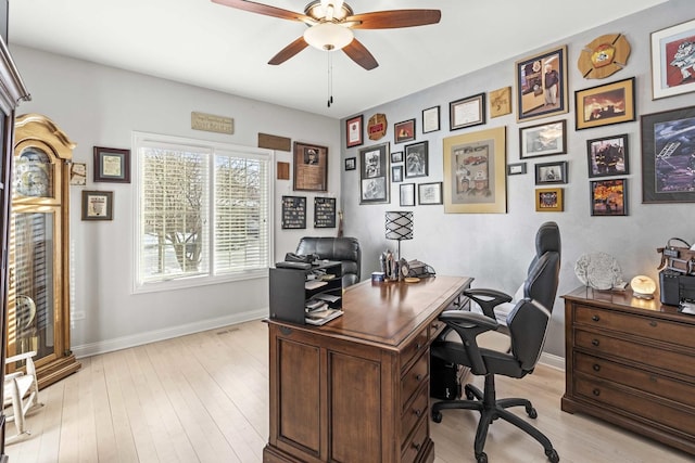 office space featuring ceiling fan and light hardwood / wood-style floors