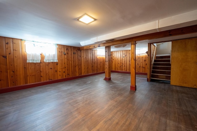 basement with dark hardwood / wood-style flooring and wooden walls