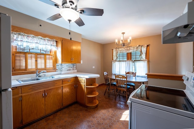 kitchen featuring sink, refrigerator, range hood, white range with electric stovetop, and tasteful backsplash