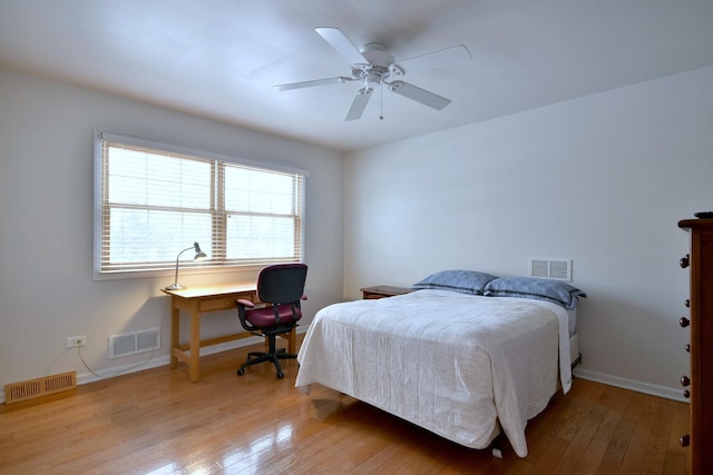 bedroom with light wood-style floors, baseboards, and visible vents