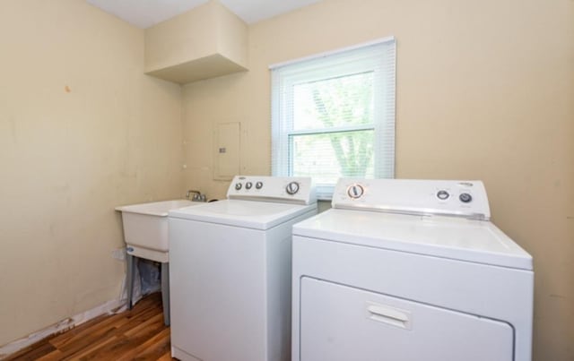 washroom with dark hardwood / wood-style floors and separate washer and dryer