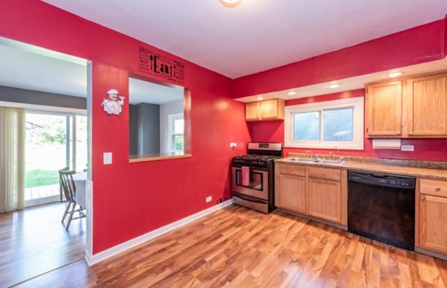 kitchen featuring dishwasher, sink, light hardwood / wood-style flooring, and stainless steel gas stove