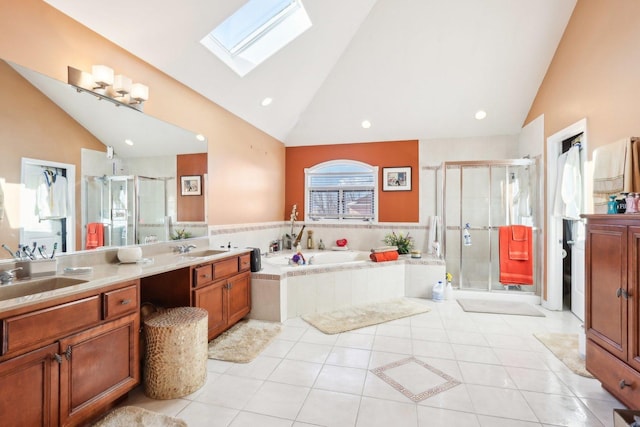 bathroom featuring tile patterned flooring, vanity, and independent shower and bath