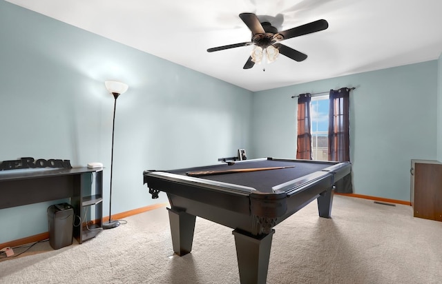 rec room featuring ceiling fan, pool table, and light carpet