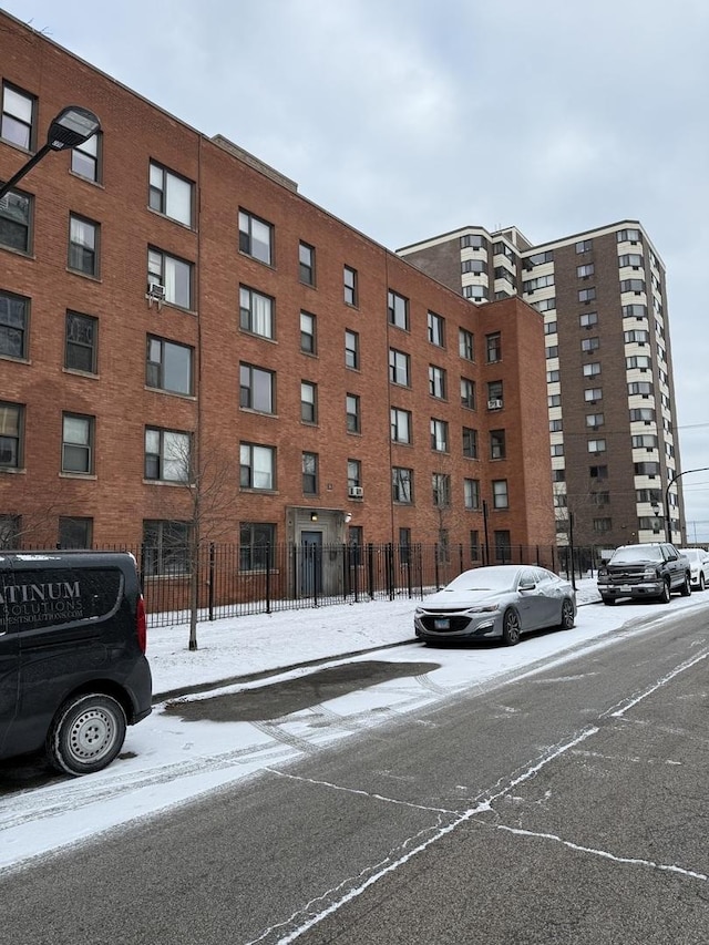 view of snow covered building