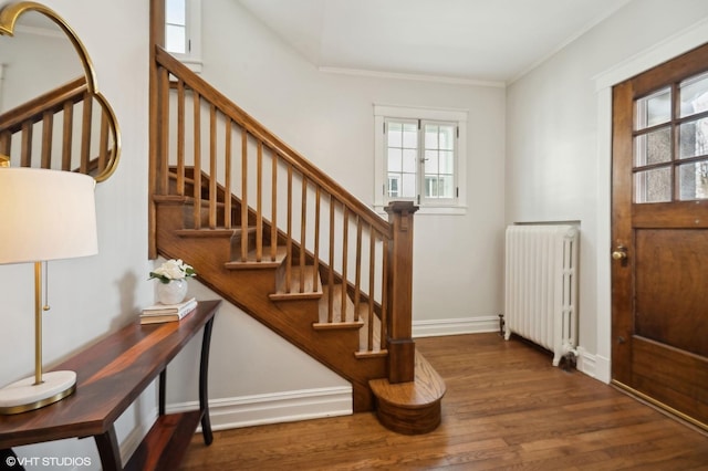 entryway featuring dark wood-type flooring, ornamental molding, and radiator heating unit