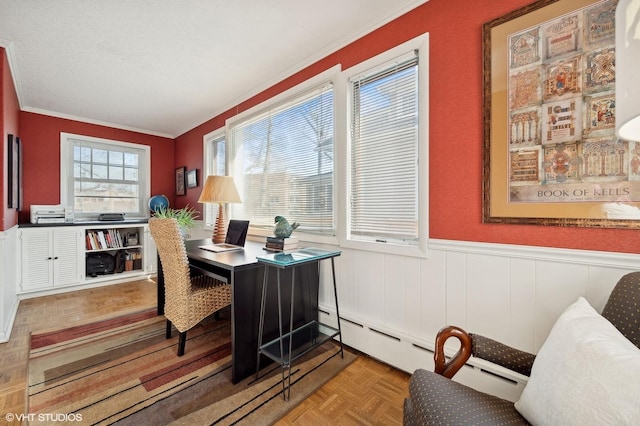 office featuring ornamental molding, parquet floors, and baseboard heating