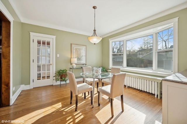 dining room with a healthy amount of sunlight, radiator heating unit, and light hardwood / wood-style floors