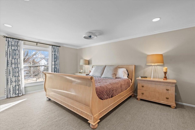 carpeted bedroom featuring crown molding