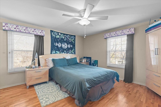 bedroom featuring ceiling fan and light hardwood / wood-style flooring