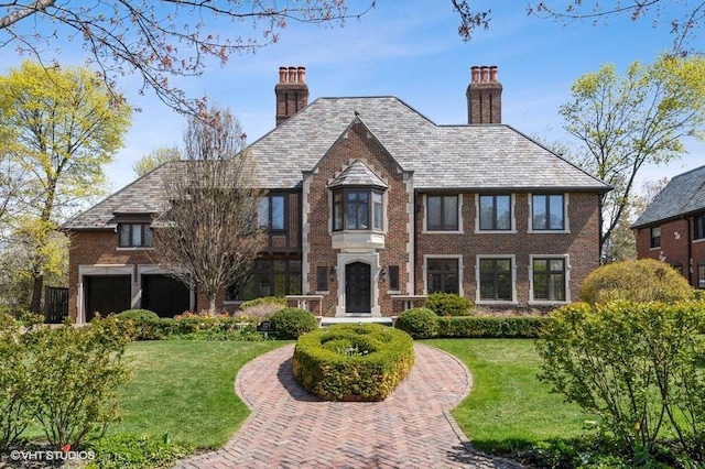 tudor house with a front yard and a garage