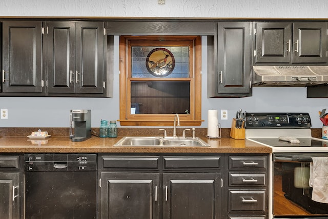 kitchen featuring range with electric stovetop, dark brown cabinets, black dishwasher, and sink