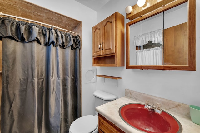 bathroom with vanity, walk in shower, and toilet