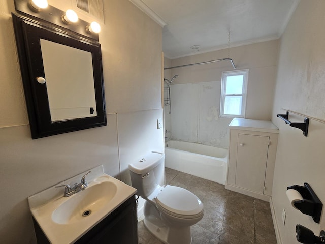 full bathroom featuring vanity, crown molding, bathing tub / shower combination, and toilet