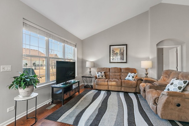 living room featuring dark hardwood / wood-style floors and high vaulted ceiling