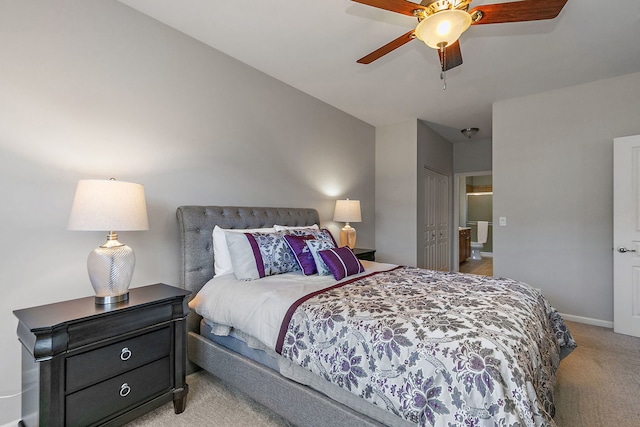 carpeted bedroom with a closet and ceiling fan