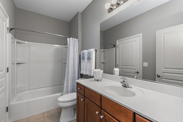 full bathroom with vanity, shower / bath combo, tile patterned floors, and toilet