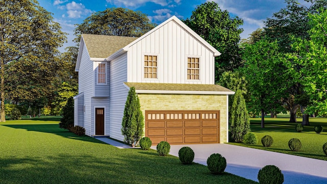 exterior space with a garage and a front lawn