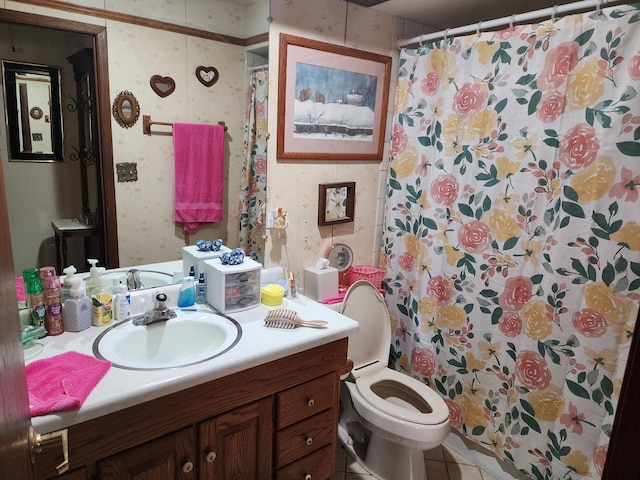 bathroom with a shower with curtain, vanity, toilet, and tile patterned flooring