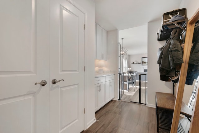 interior space with dark wood-type flooring