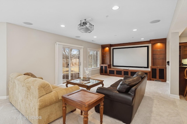 cinema room with light carpet