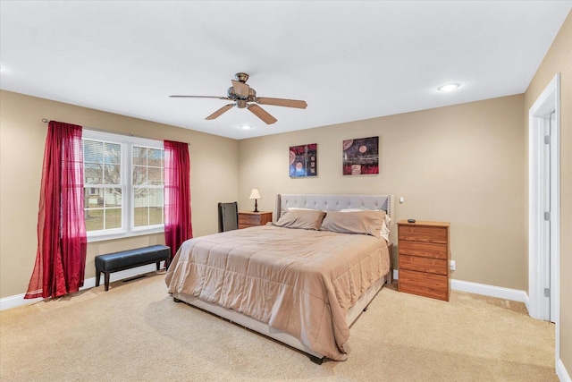 carpeted bedroom with recessed lighting, baseboards, and a ceiling fan