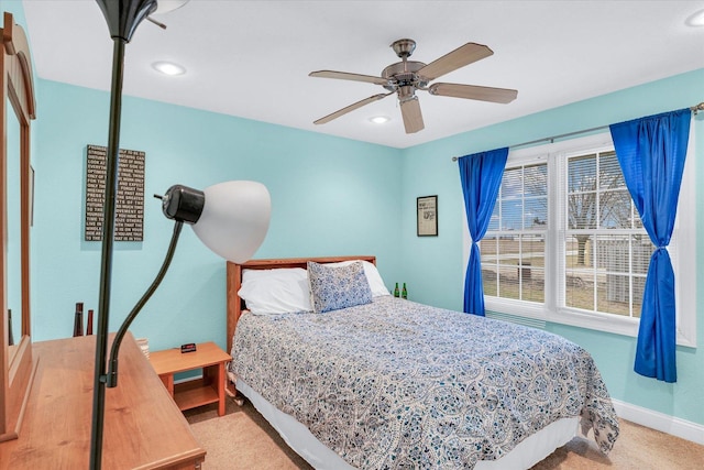 carpeted bedroom with recessed lighting, baseboards, and a ceiling fan