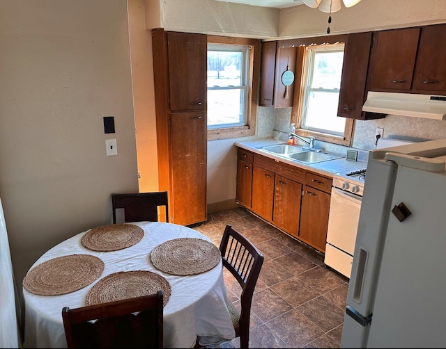 kitchen featuring sink, white appliances, and decorative backsplash