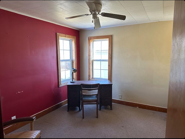 home office with carpet floors and ceiling fan