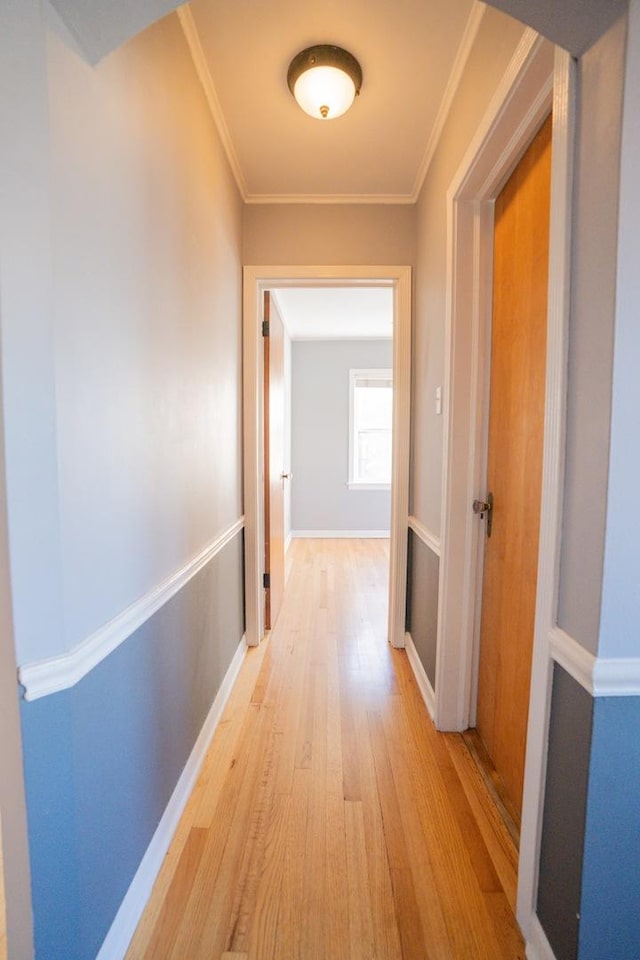 hallway featuring crown molding and light wood-type flooring