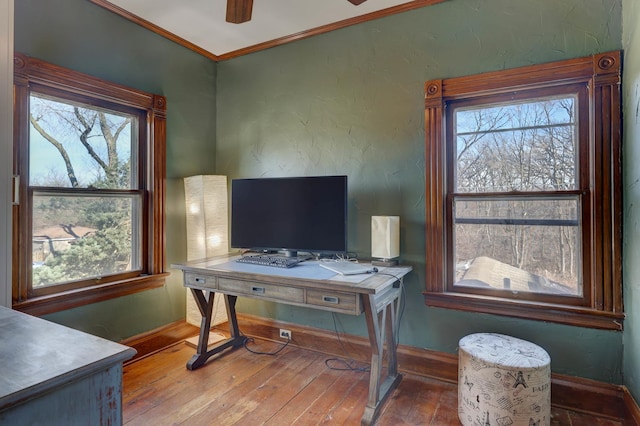 home office with crown molding, ceiling fan, a healthy amount of sunlight, and hardwood / wood-style flooring