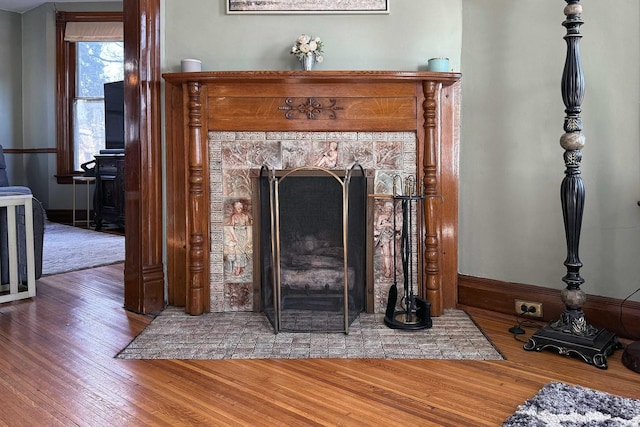 details featuring a stone fireplace and wood-type flooring