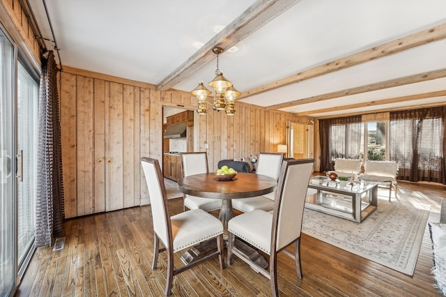 dining room with beamed ceiling, an inviting chandelier, dark hardwood / wood-style flooring, and wood walls