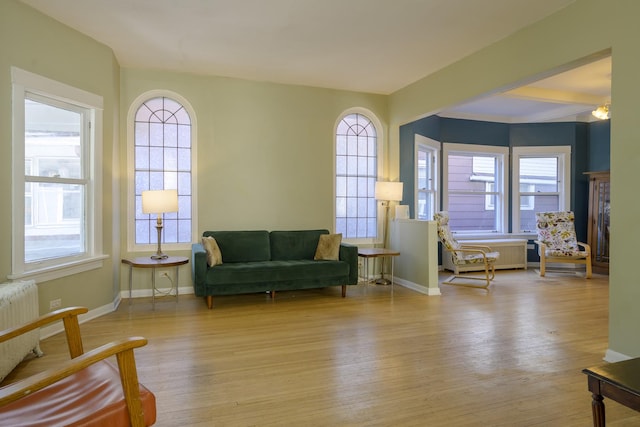 living area featuring radiator heating unit and light hardwood / wood-style flooring