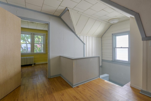 bonus room with radiator, vaulted ceiling, hardwood / wood-style floors, and a healthy amount of sunlight