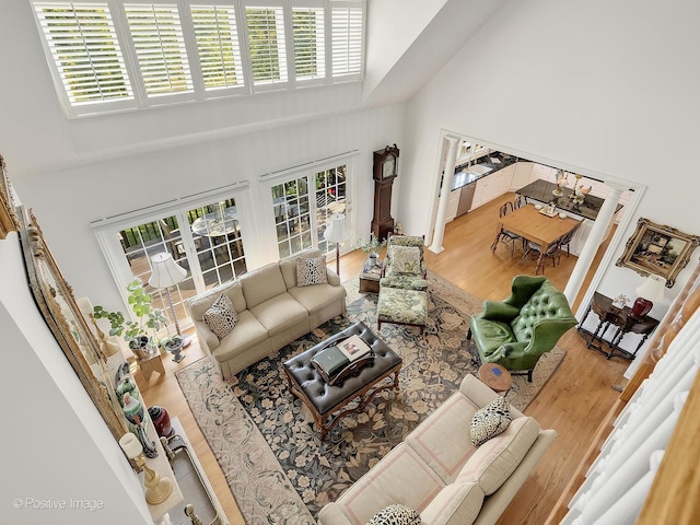 living room featuring a towering ceiling, plenty of natural light, and wood-type flooring