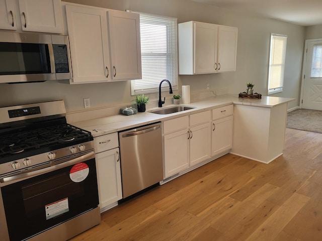 kitchen featuring appliances with stainless steel finishes, sink, white cabinets, and kitchen peninsula