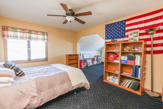 carpeted bedroom featuring ceiling fan