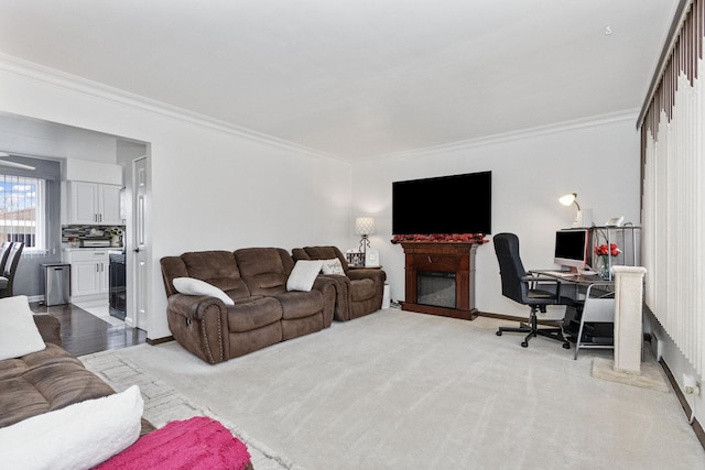 living room with crown molding, light carpet, and wine cooler