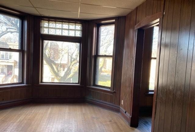 interior space with wooden walls, light hardwood / wood-style flooring, and a drop ceiling