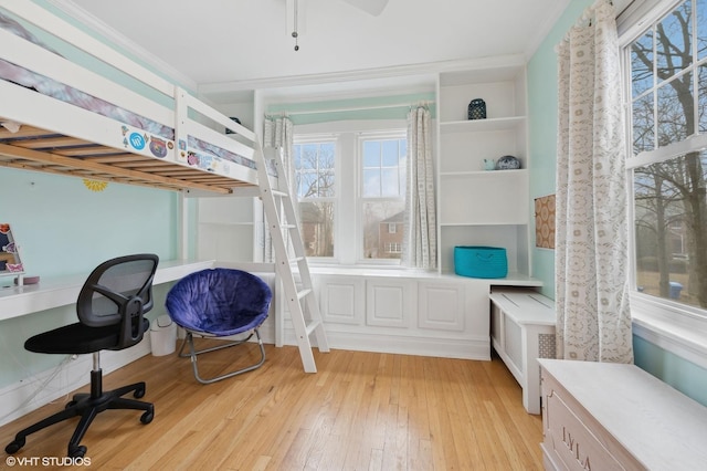 bedroom featuring radiator and light wood-type flooring