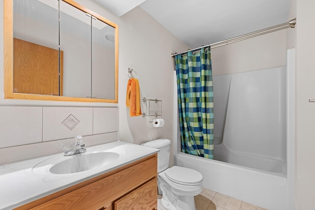 full bathroom featuring shower / bath combination with curtain, decorative backsplash, vanity, toilet, and tile patterned floors