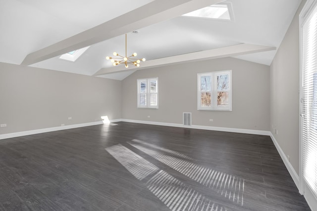 interior space featuring a notable chandelier, lofted ceiling with beams, and dark hardwood / wood-style floors