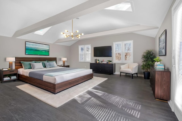 bedroom featuring a chandelier, vaulted ceiling with skylight, and dark hardwood / wood-style flooring