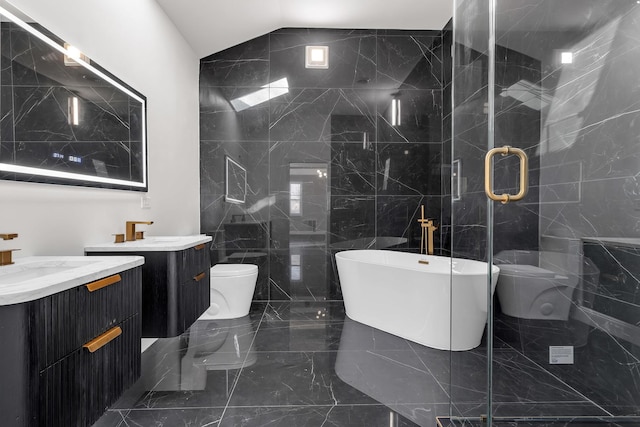 full bathroom featuring vaulted ceiling, tile walls, vanity, separate shower and tub, and toilet