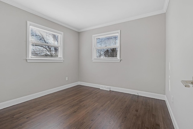 unfurnished room with crown molding and dark hardwood / wood-style flooring