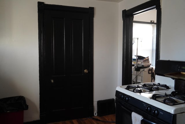 kitchen with dark hardwood / wood-style floors and gas stove